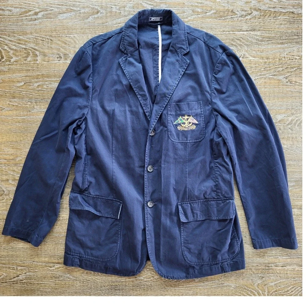 American Living Mens Navy Blue Cotton Twill 3-Button Blazer Nautical Crest L